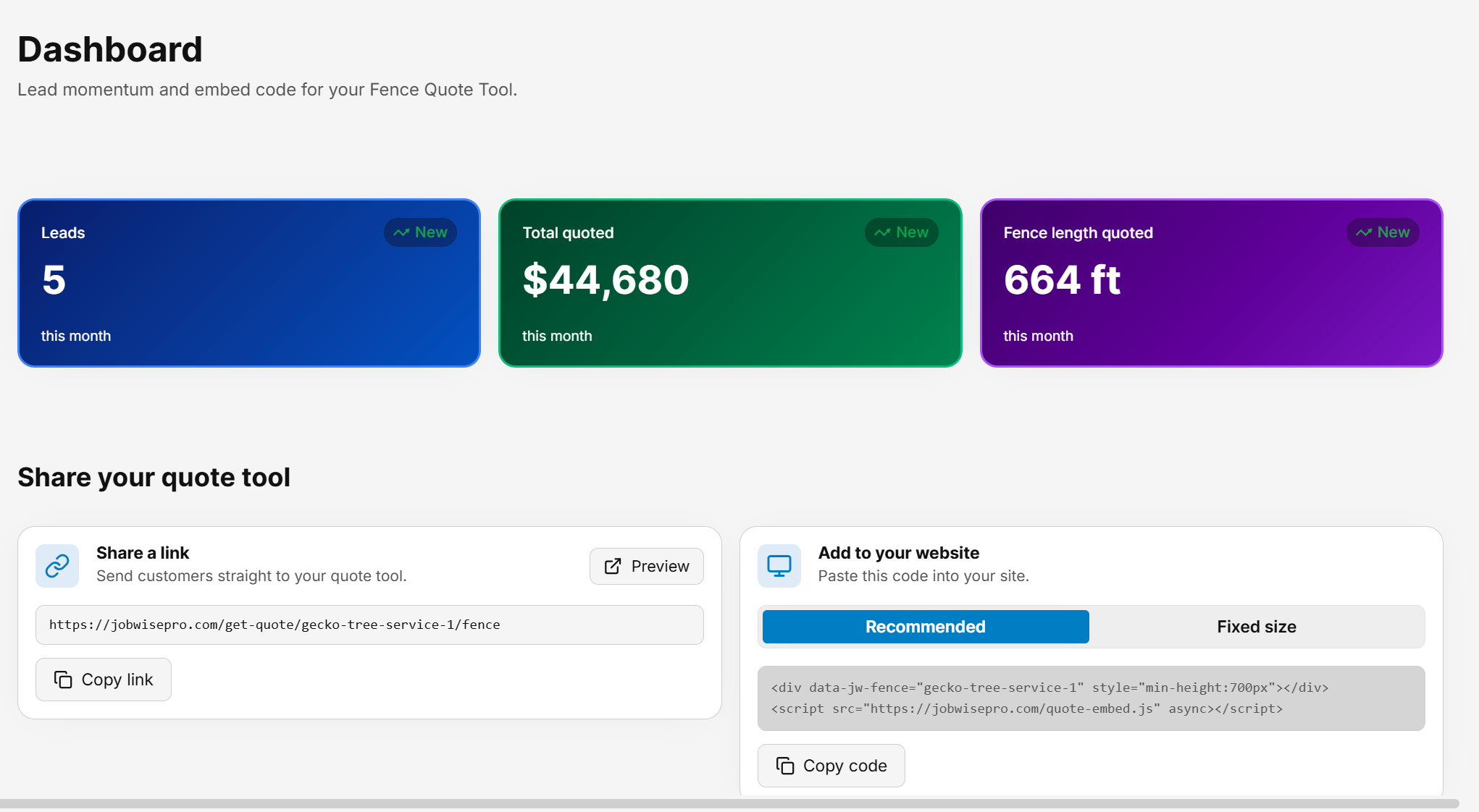 Fence quoting tool dashboard